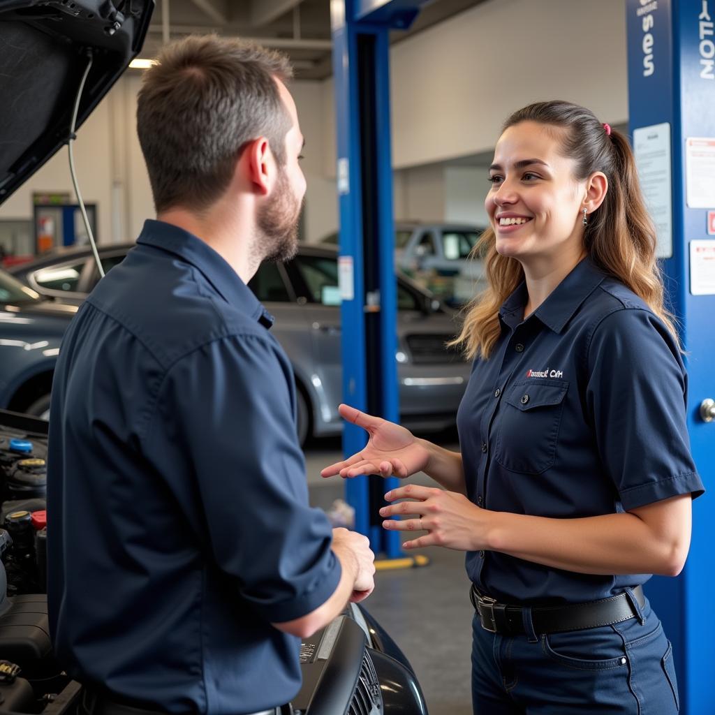 Customer discussing car repair with a mechanic in Adelphi