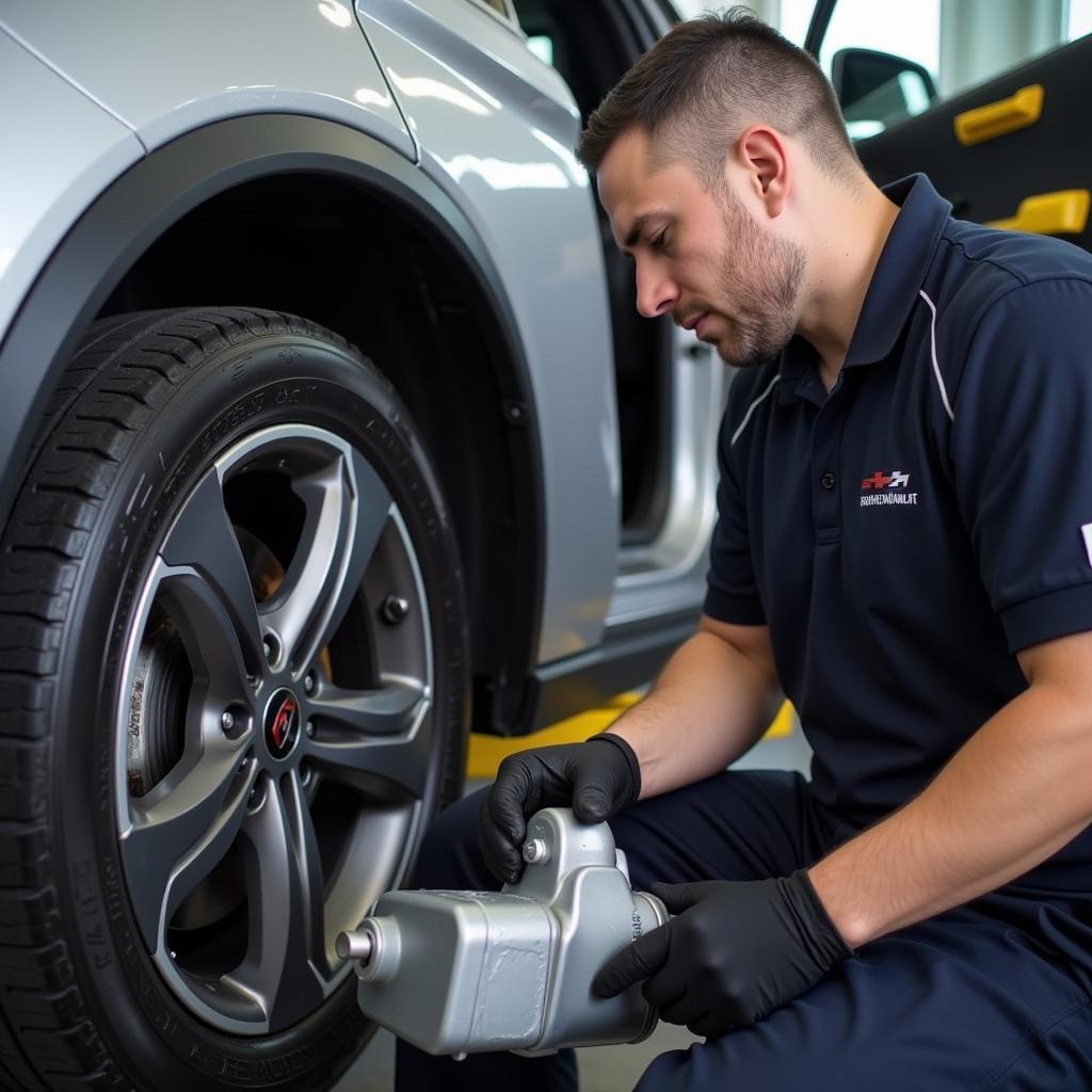 Technician changing oil in an Adelphi auto service bay