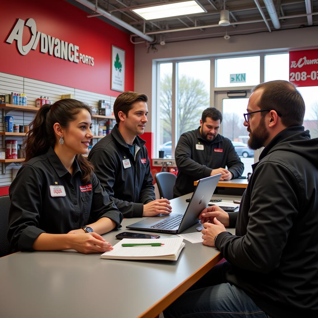 Advance Auto Parts storefront with customers interacting with staff