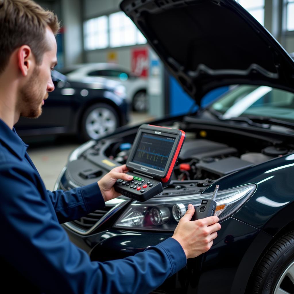 Advanced diagnostic tools being used in an auto service shop in 59901