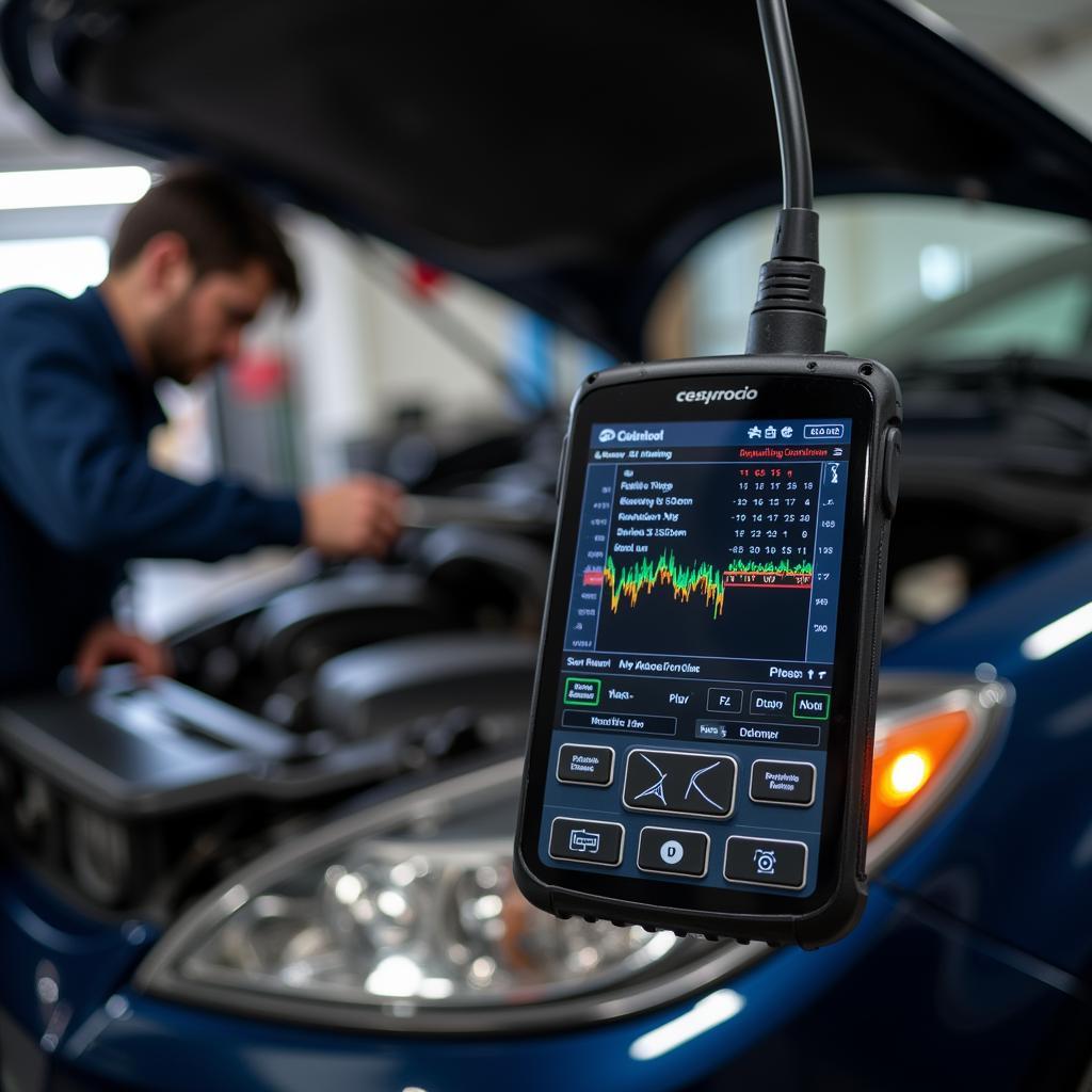 A mechanic using a diagnostic tool connected to a car's onboard computer. The screen displays various data points and diagnostic codes.