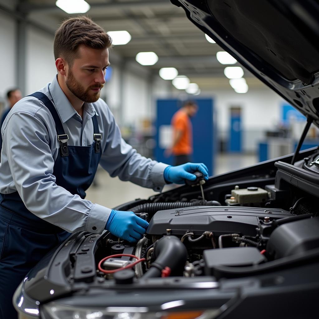 A certified AET technician working on a car engine