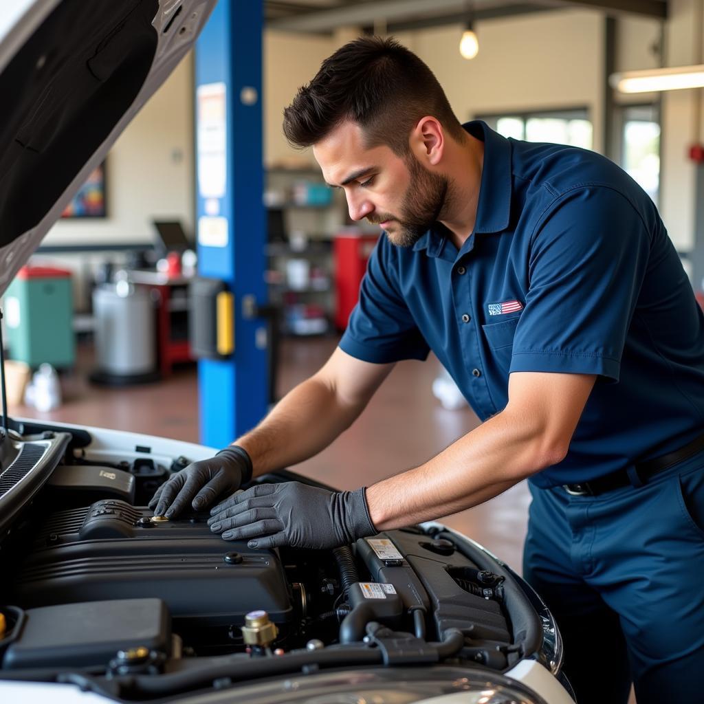 Mechanic working on a car in a budget-friendly auto repair shop in Whitfield