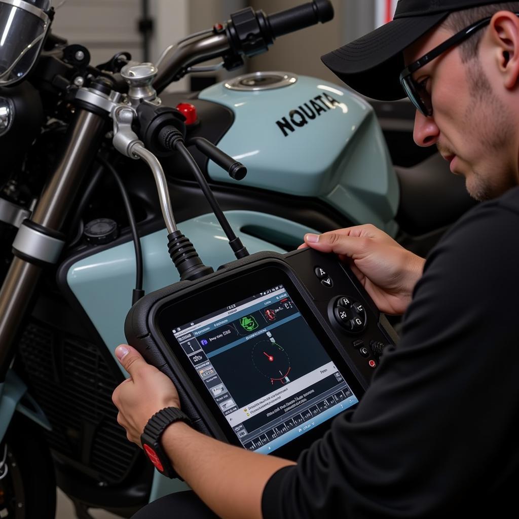 Technician Using Diagnostic Tools on an MV Agusta