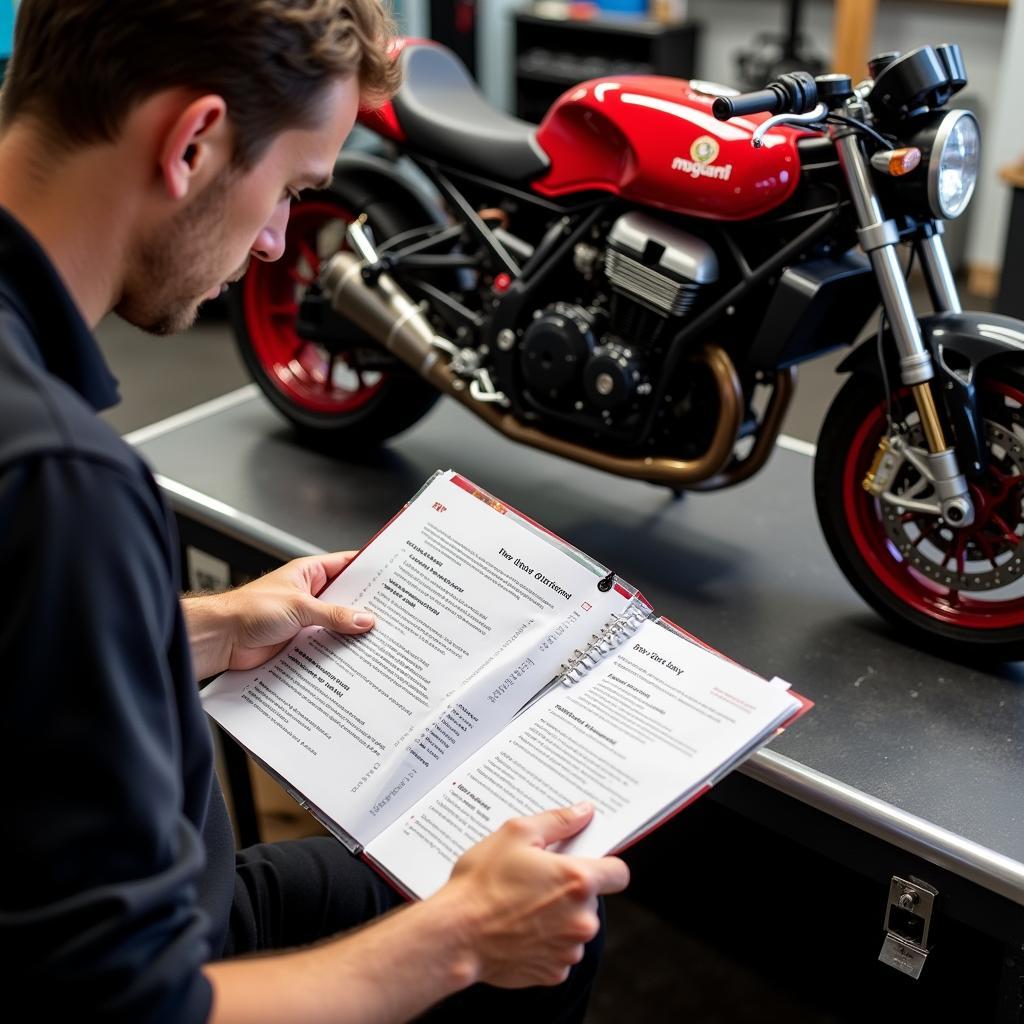 Mechanic Reviewing an MV Agusta Service Checklist