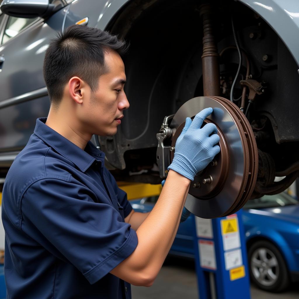 Mechanic Inspecting Brakes at Ah Wong Auto Services