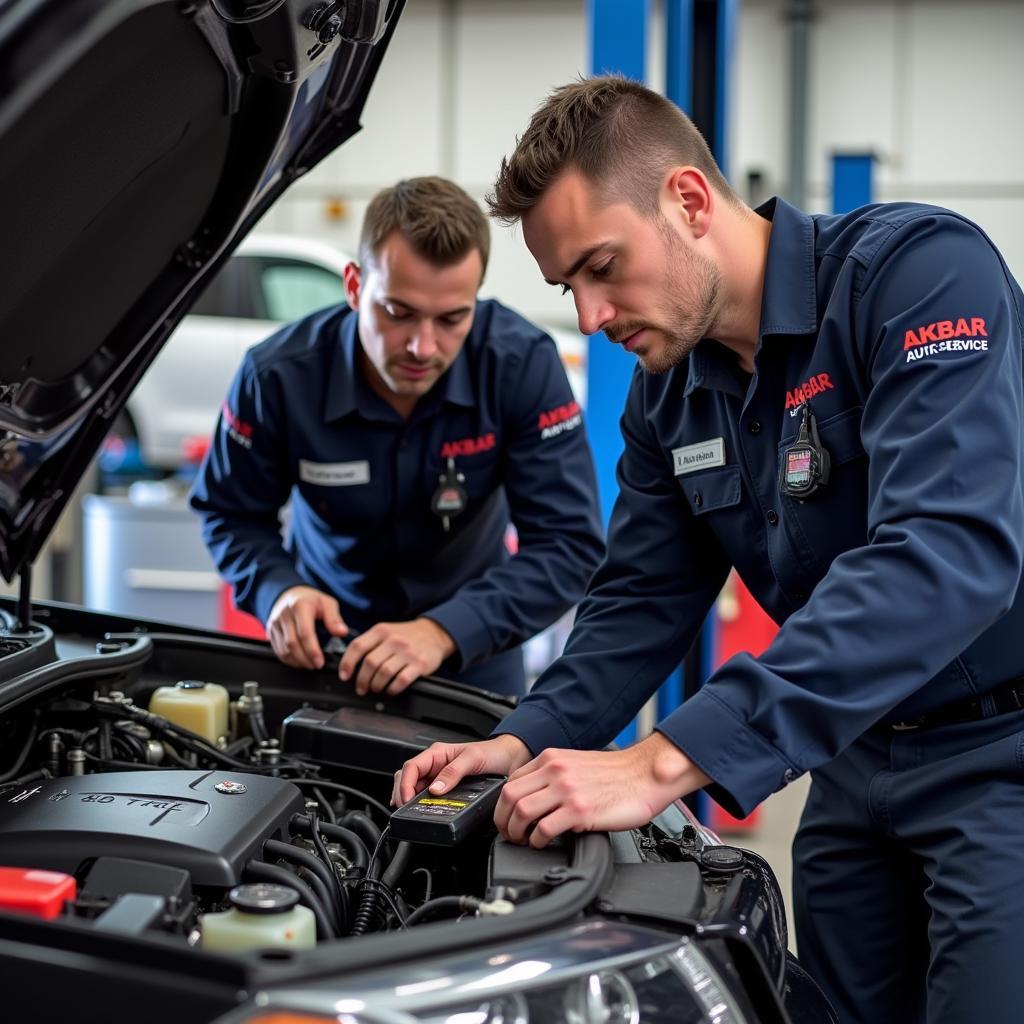 Certified Technicians Working on a Car at Akbar Auto Service Upland CA