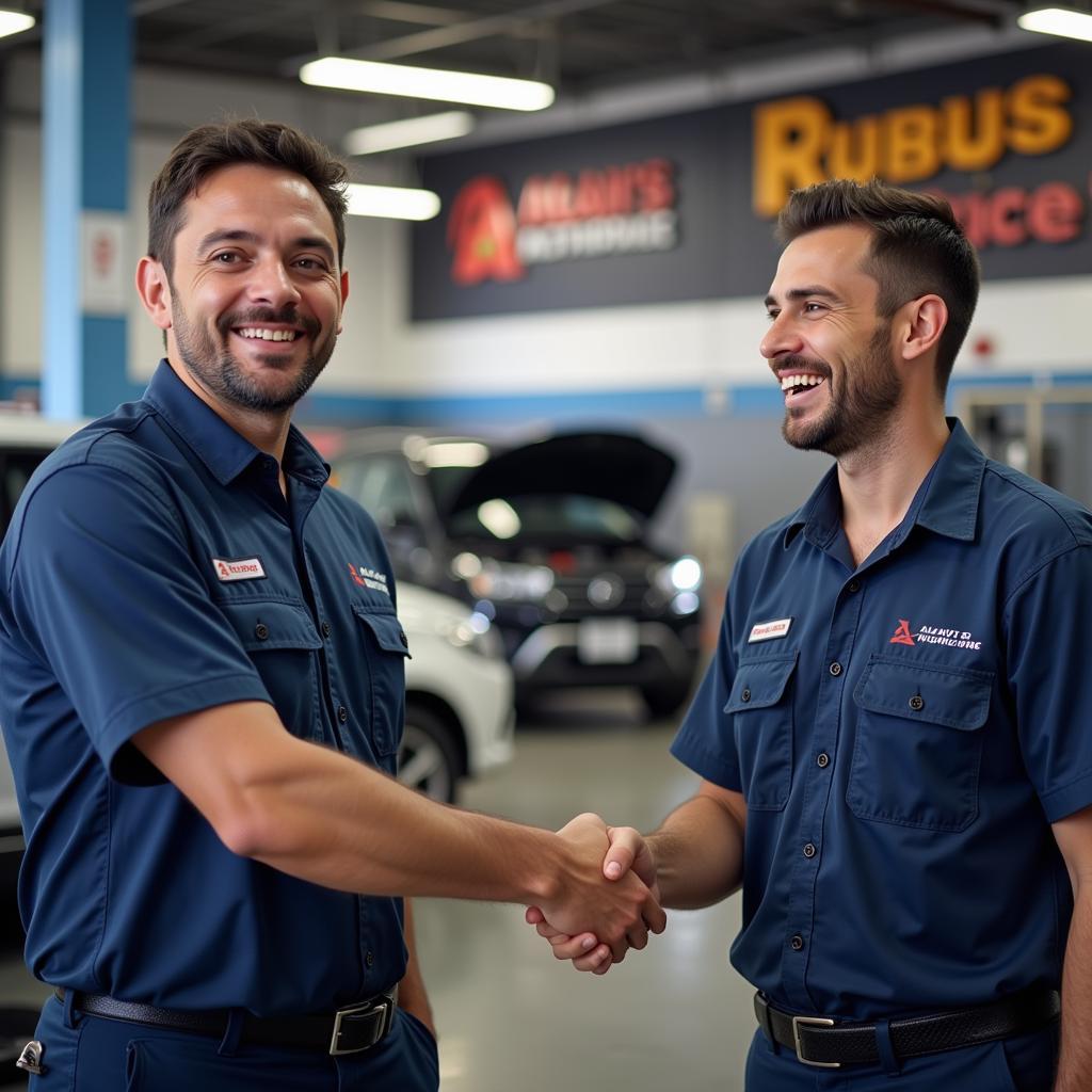 Happy customer shaking hands with a mechanic at Al-An's Auto Service