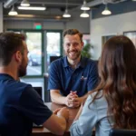 Friendly customer service representative discussing car maintenance with a customer at Alex Auto Service Botany