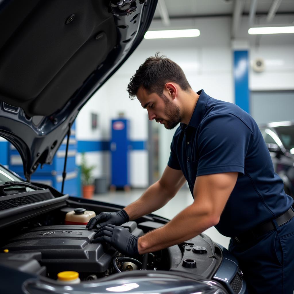 Mechanic working on a car engine in an Alex Surf auto service center