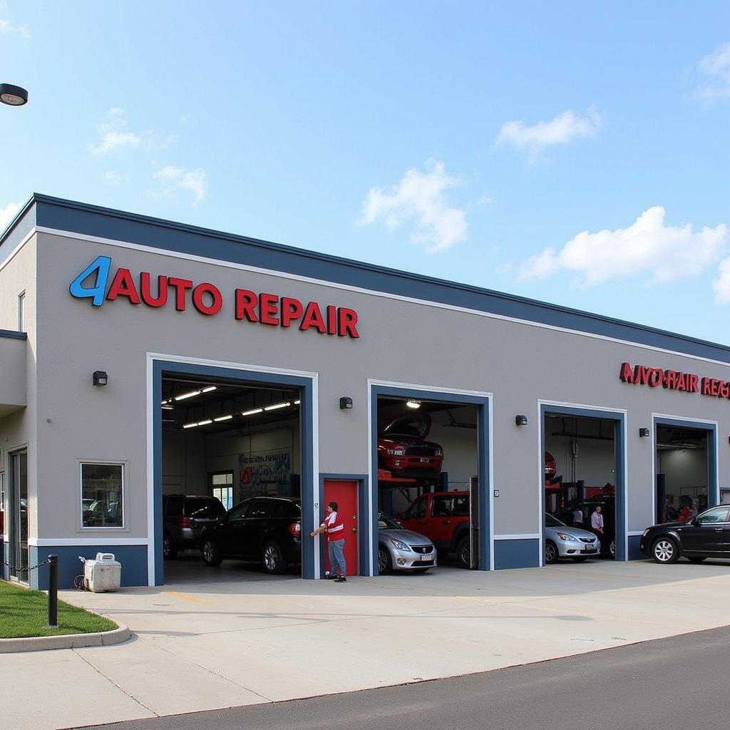 Exterior view of a modern and clean auto repair shop in Alexandria, Virginia, with visible signage, customer parking, and a welcoming entrance.