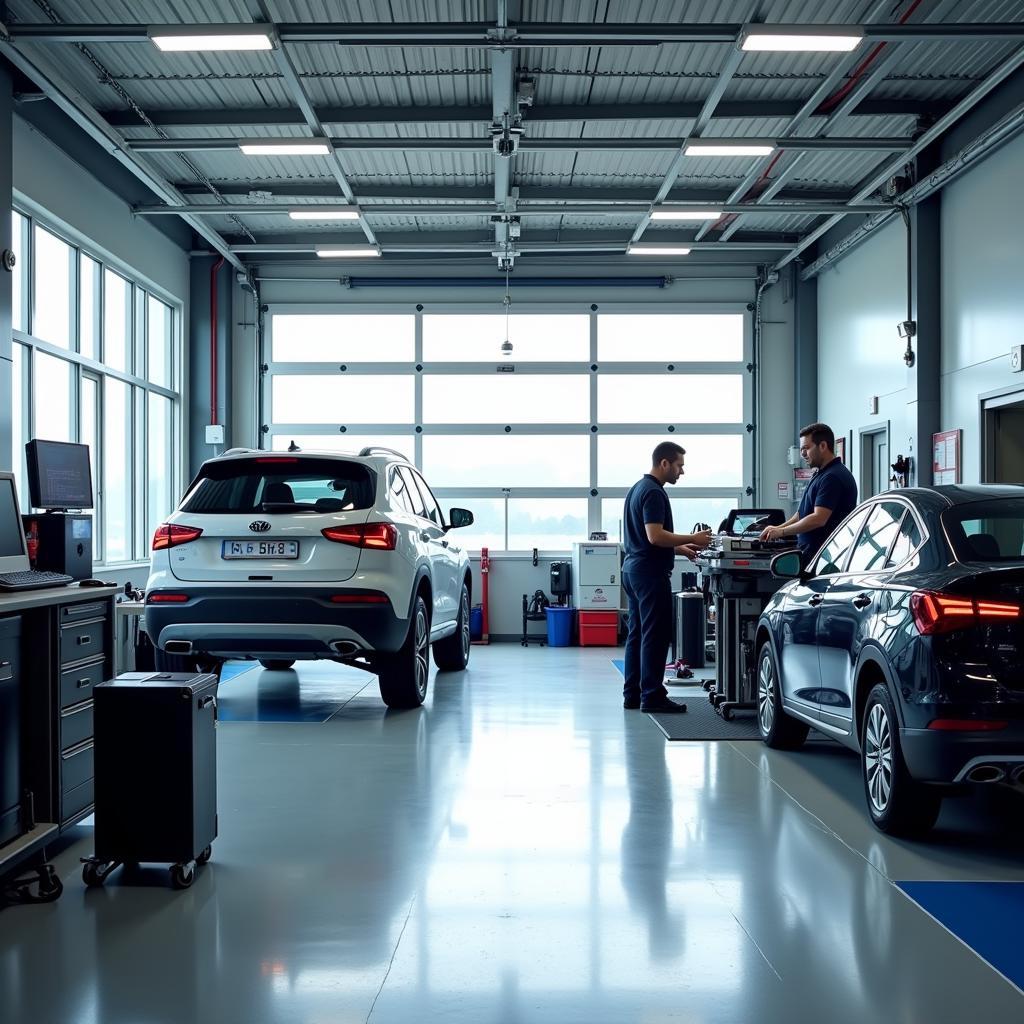 Interior view of a well-equipped auto repair shop in Alexandria, showing diagnostic tools, lifts, and organized work areas.