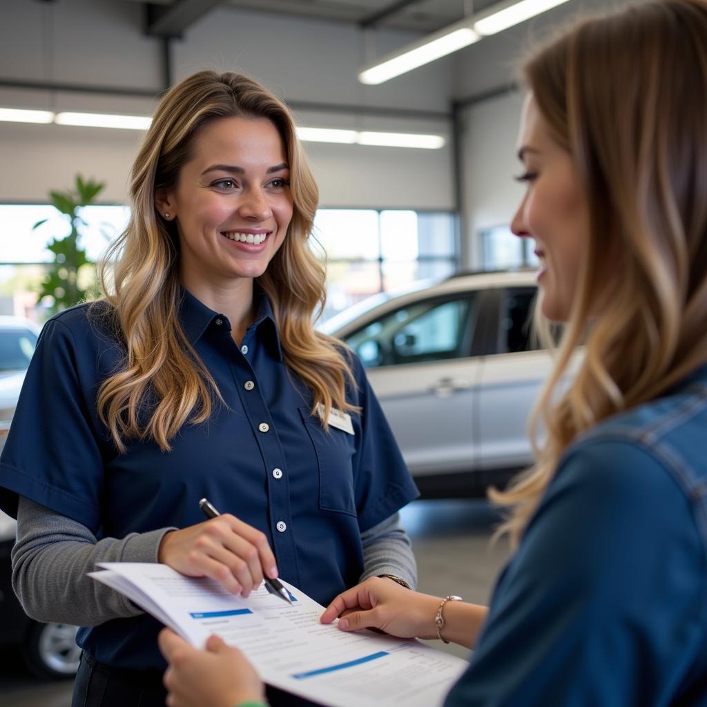 Customer service representative discussing car repairs with a client in an Aliso Viejo auto service center