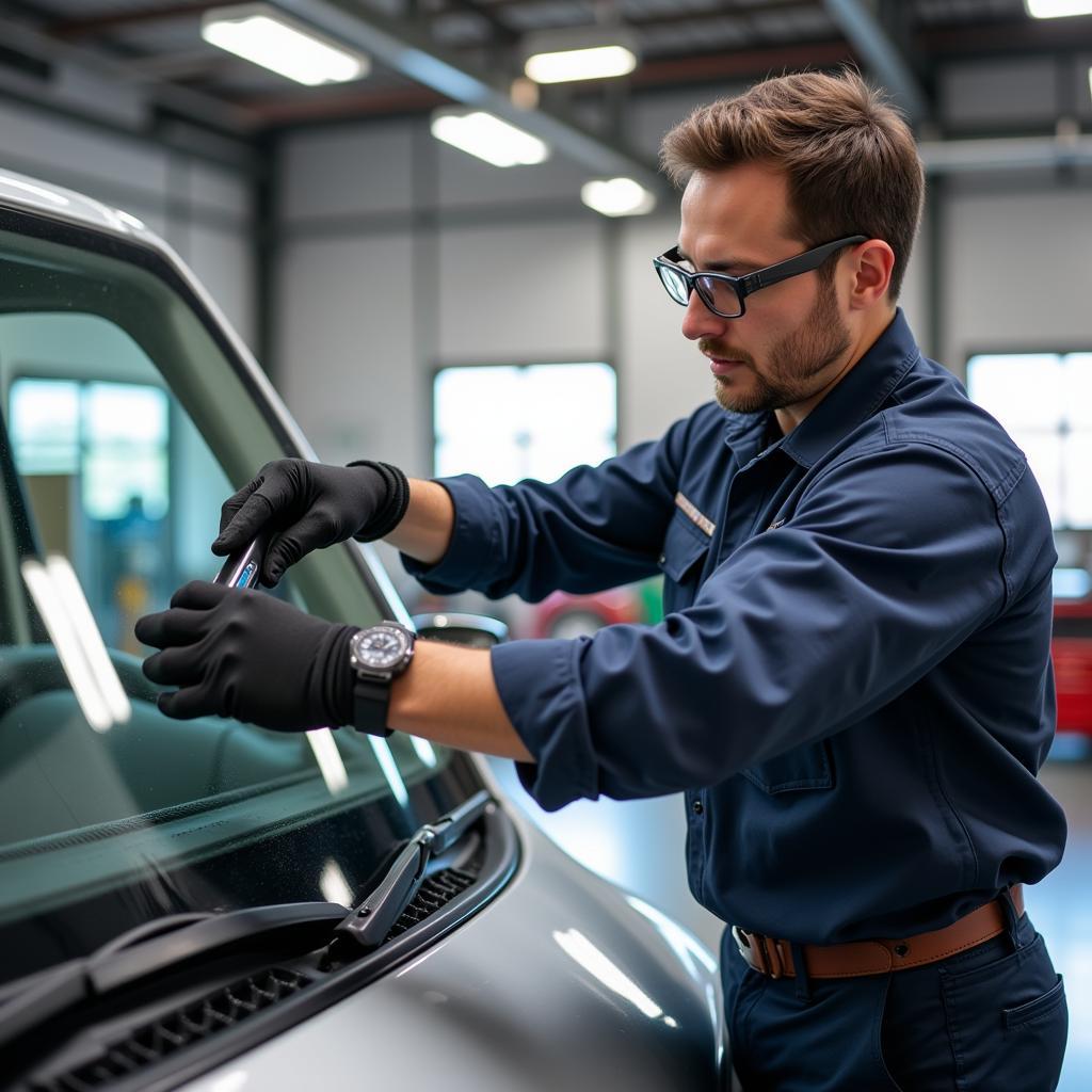 Experienced All Pro Auto Glass Technician Installing a Windshield