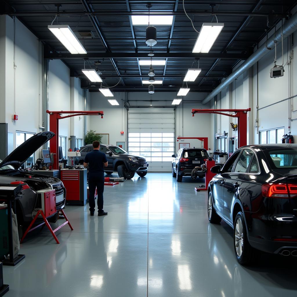 A modern auto service garage with advanced diagnostic equipment and skilled technicians working on a vehicle.