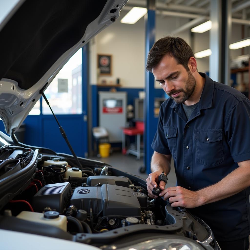 Mechanic working on a car in a San Francisco auto shop