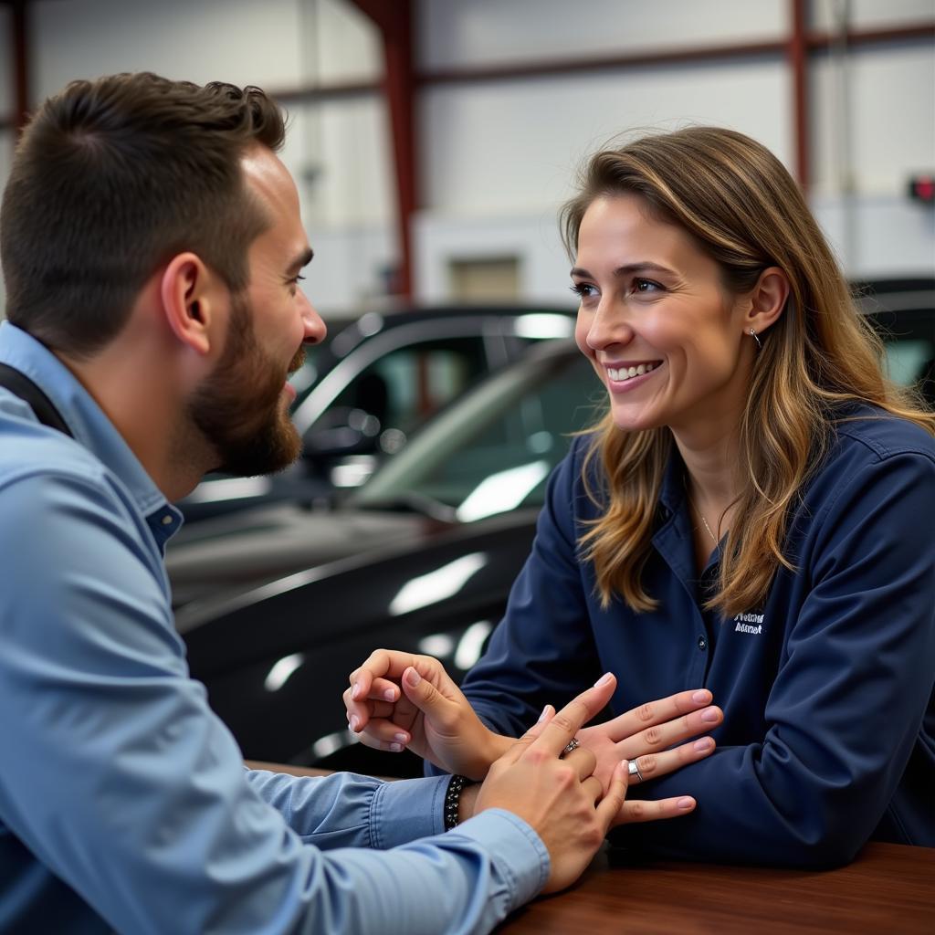 Customer interacting with a service advisor at Alliance Heritage Auto Service in Keller, TX