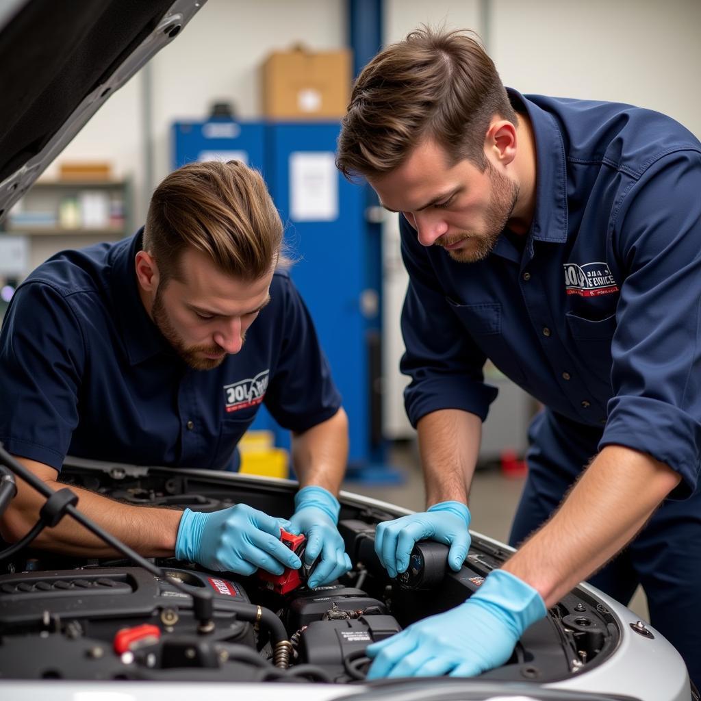 Expert Technicians Working on a Car at Alpha Auto Service