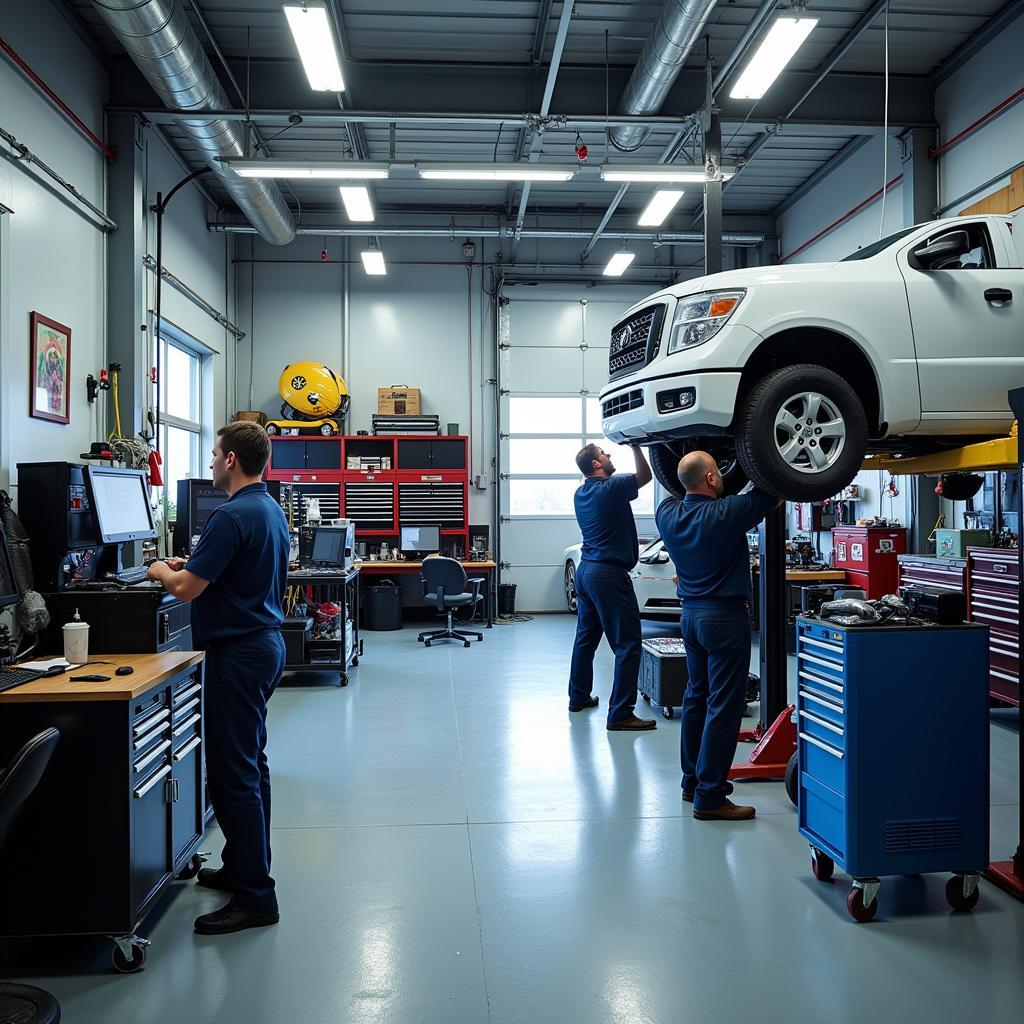 A modern and clean auto repair shop interior with mechanics working on a car.