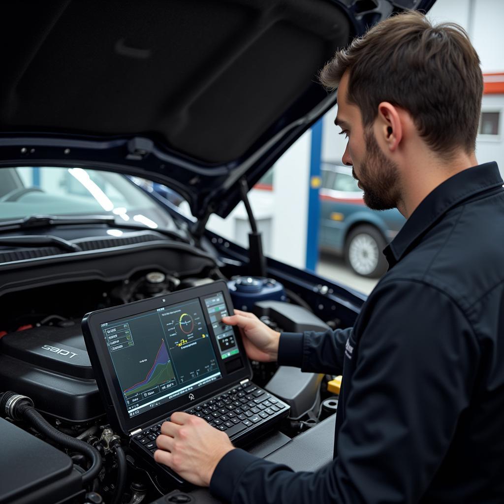 Mechanic performing engine diagnostics in East Saltoun auto service