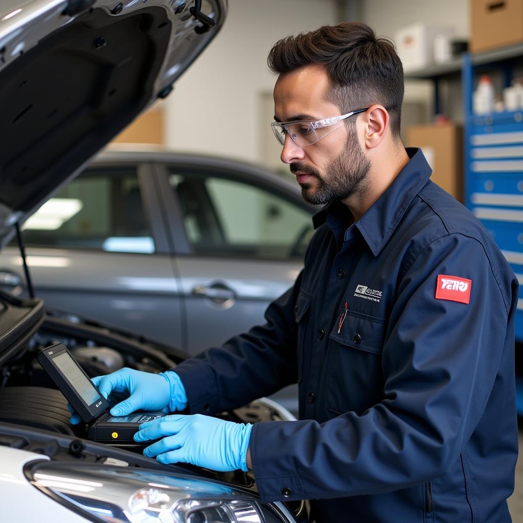 Mechanic working on a car in an East Saltoun auto service garage