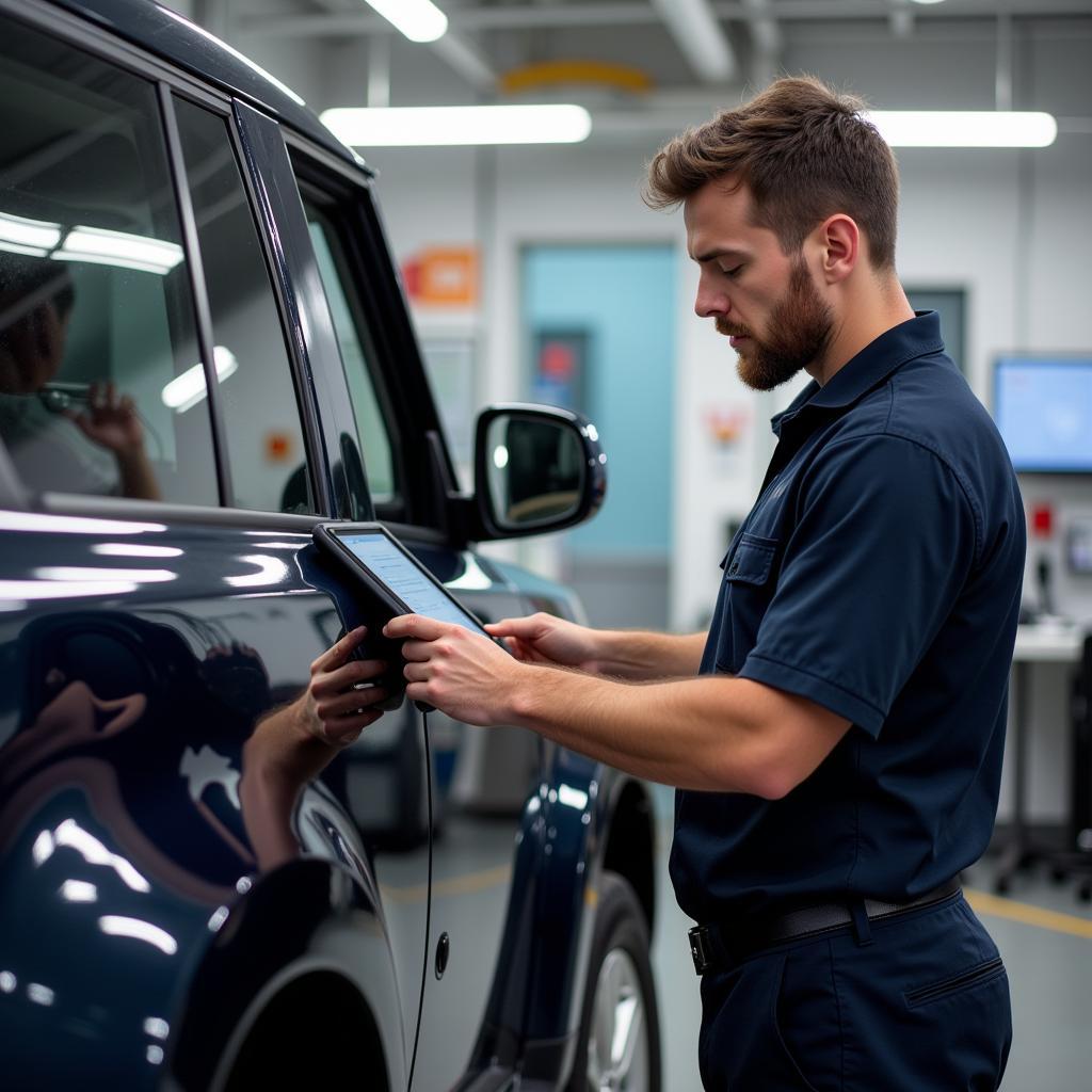 Mechanic working on a car in an AMA-approved (figurative) auto repair shop