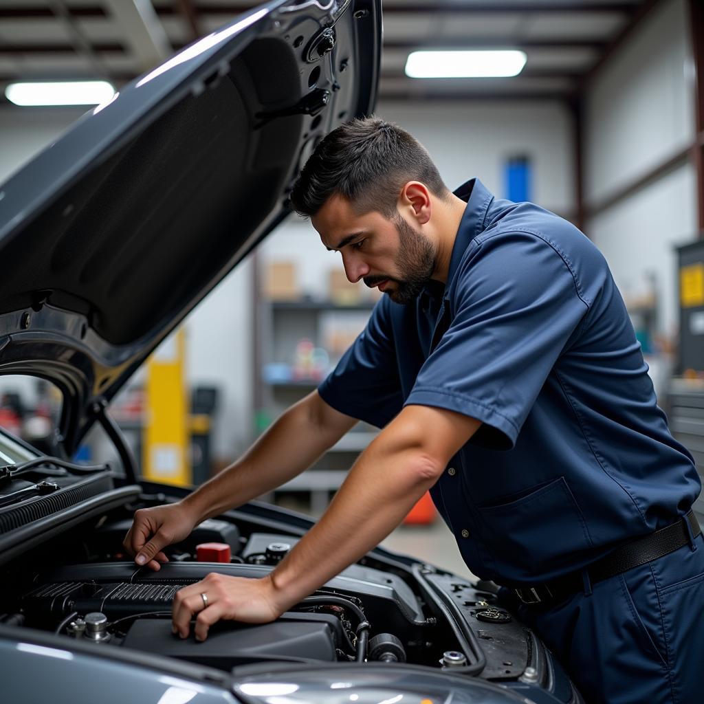 Experienced Mechanic Working on a Car Engine at Amayak Auto Service