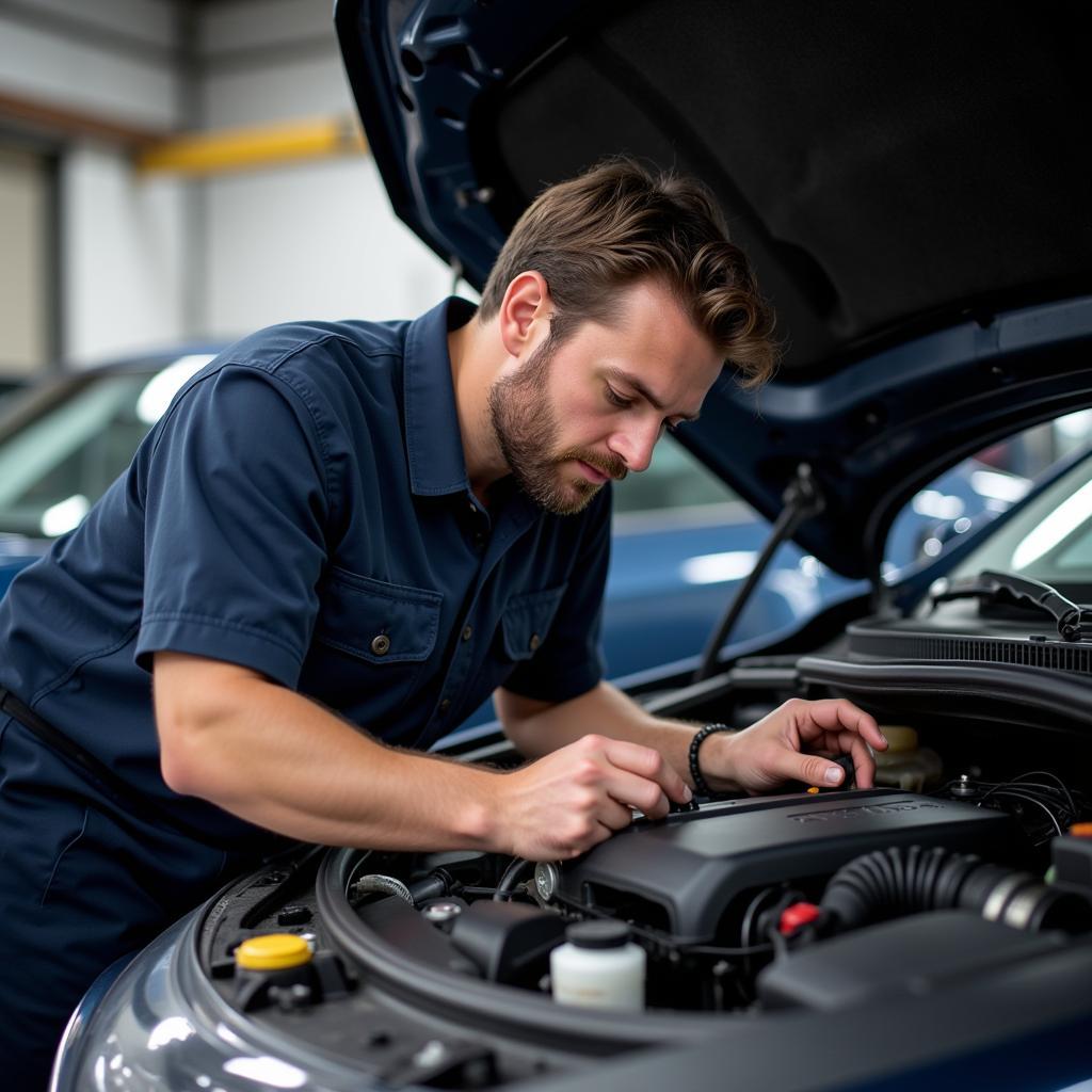 Experienced Mechanic Working on a Car Engine at Andy Auto Service