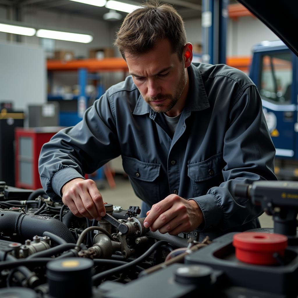 Technician working on a truck engine at Andy's Auto and Truck Service