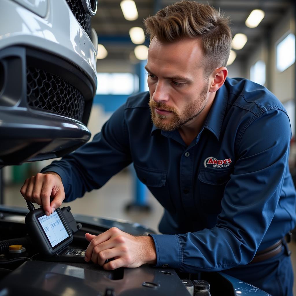 Andy's Mechanic Performing Car Inspection