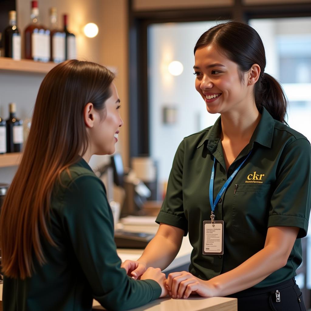 A friendly customer service representative assisting a customer at the front desk of an angels auto services center.