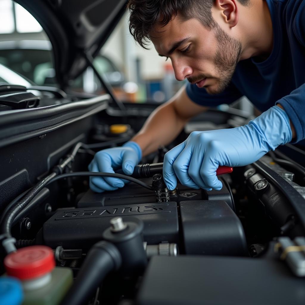 Annapolis import auto service technician working on a car engine