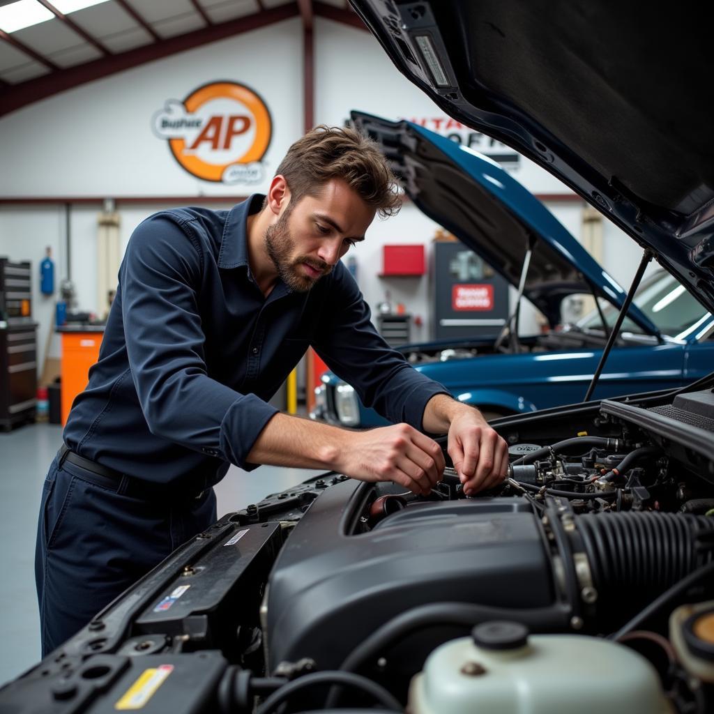 Mechanic working on a car at AP Auto Service in La Garde