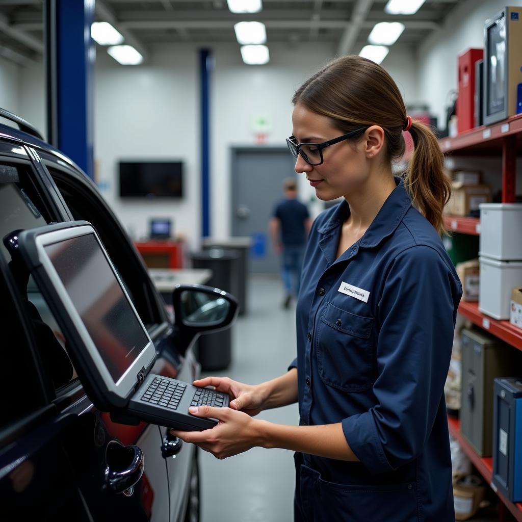 Apple Auto Service Center Technician Diagnosing Car Issue