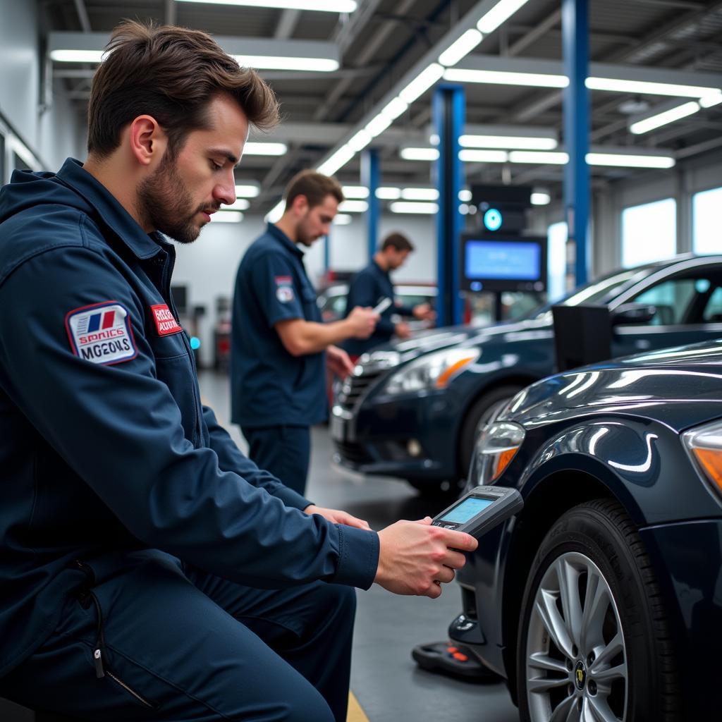 Aramis Auto service center technicians utilizing advanced diagnostic tools.