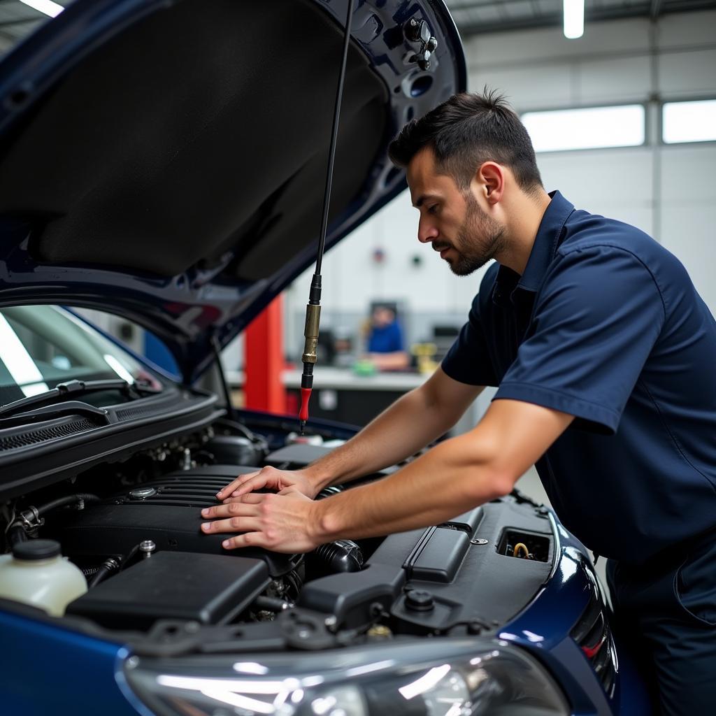 Certified technician working on a car engine in Arandas