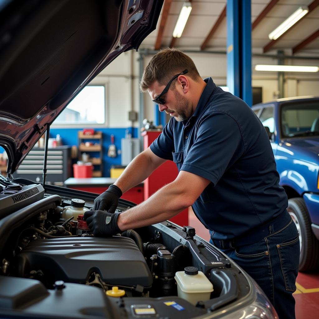 Mechanic working on a car engine in an Aransas Pass, TX auto repair shop