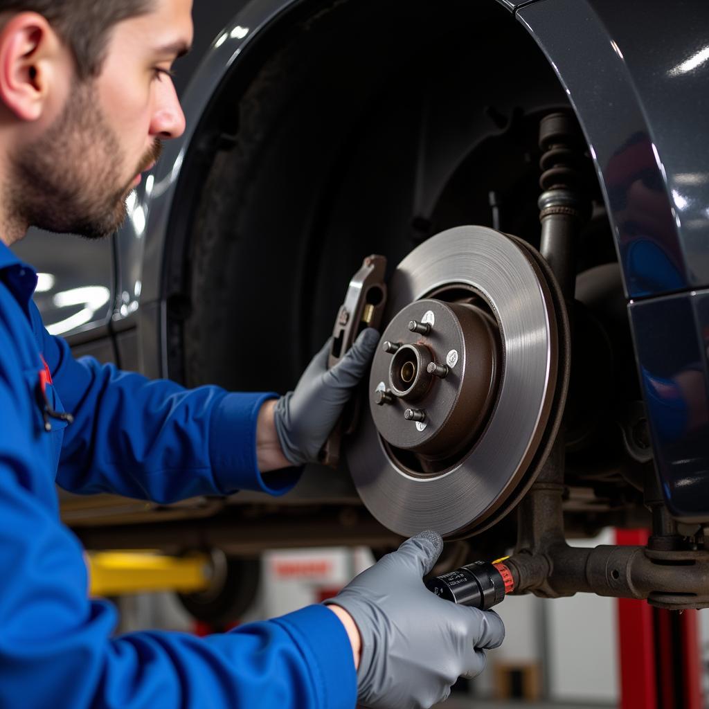 Arizona Auto Service Technician Inspecting Brakes