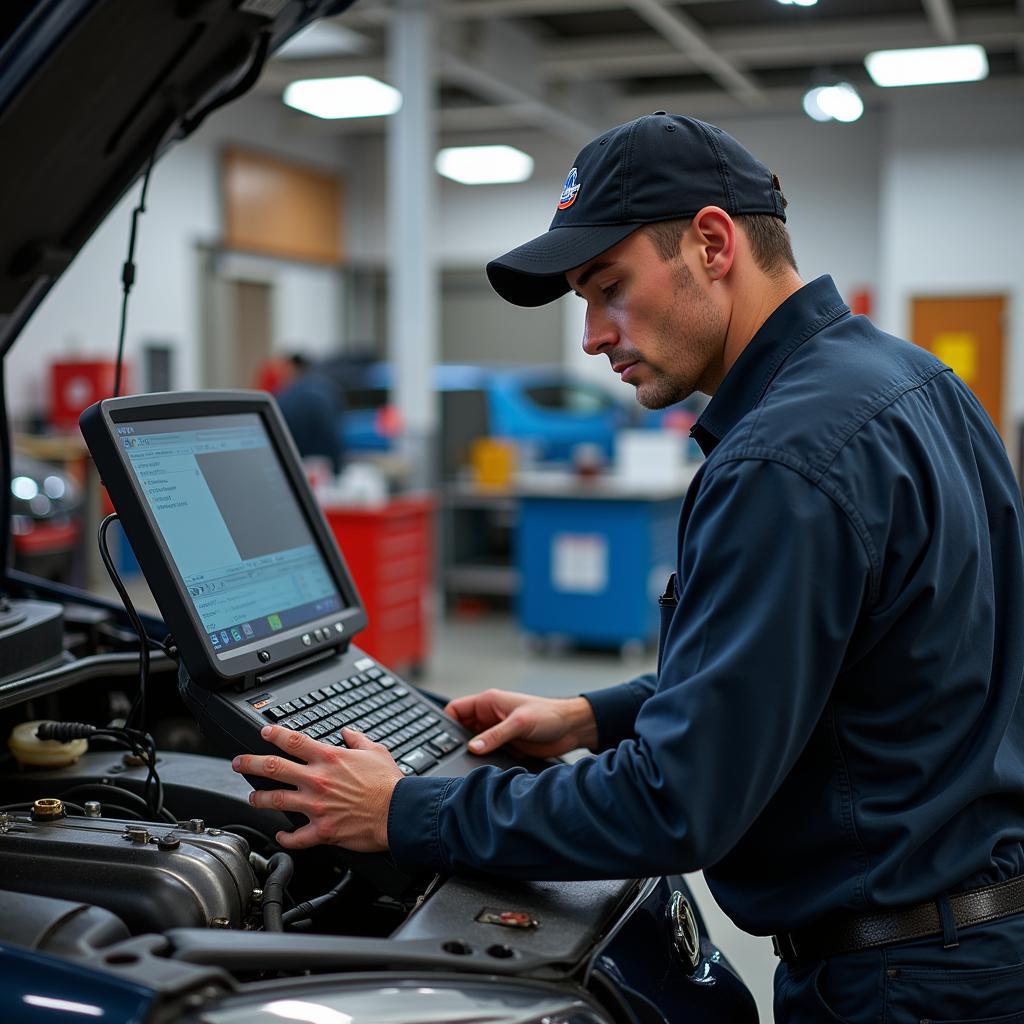 Skilled auto mechanic performing engine diagnostics in Arrowhead