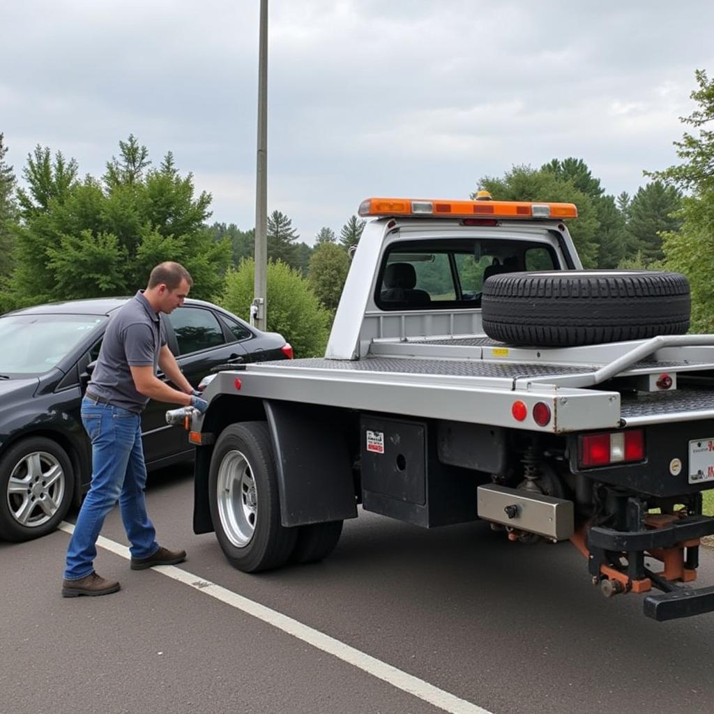 Tow truck assisting a stranded vehicle in Arvada