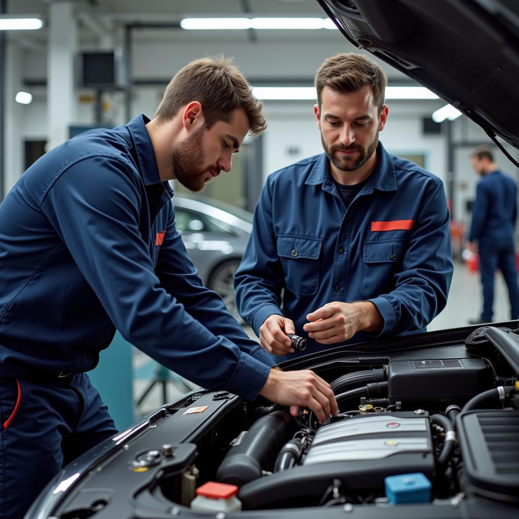 asag auto service ag basel technicians working on a car engine - Experienced technicians using specialized tools to perform engine diagnostics and repairs, showcasing their expertise and professionalism.