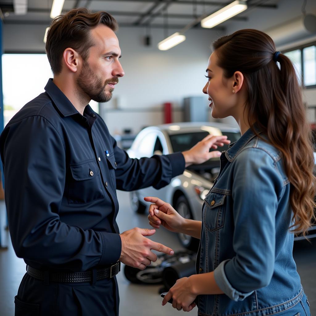 Customer Discussing Car Repair Options with a Mechanic at an Ascension Auto Service Center