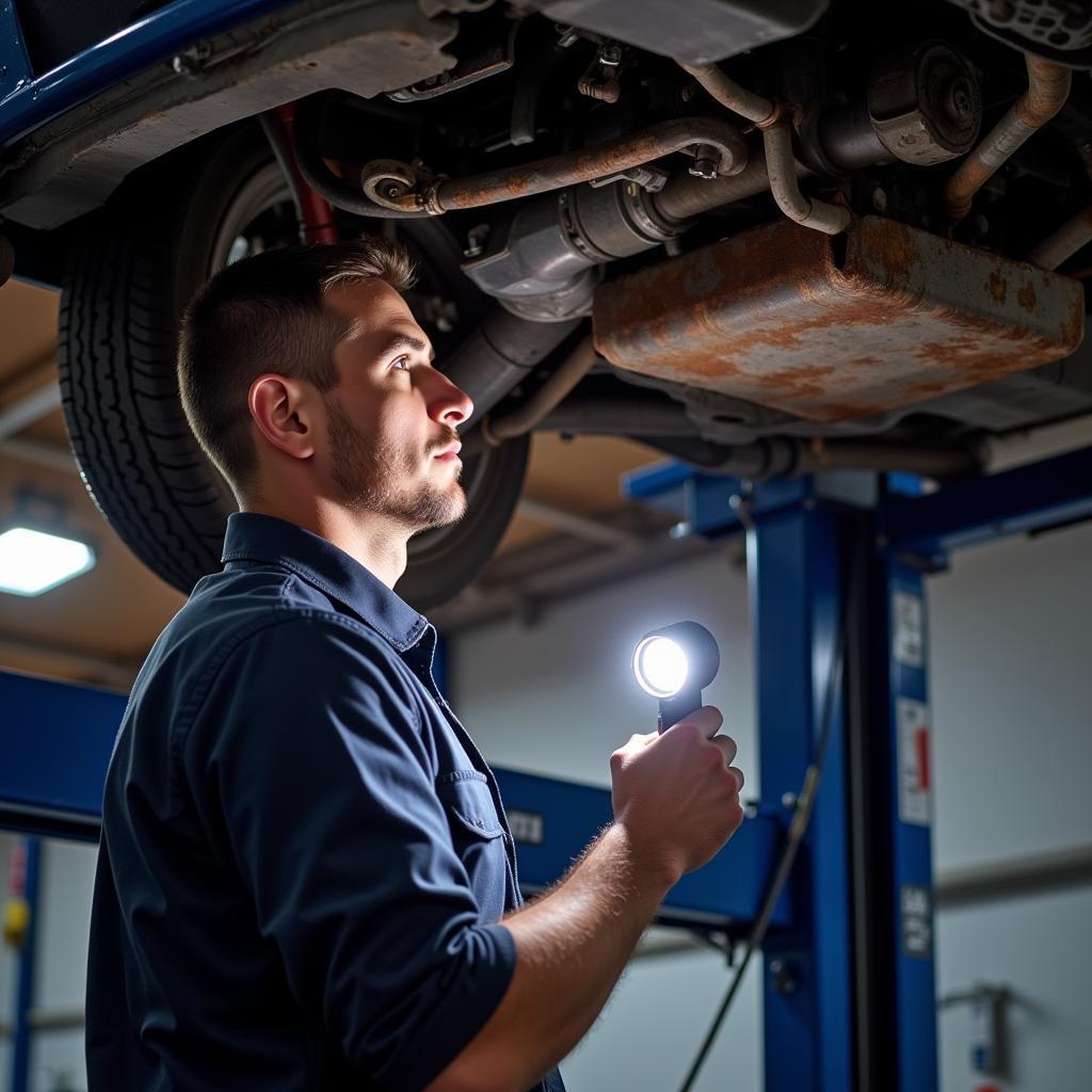 ASE certified mechanic in Nashua inspecting a car's undercarriage.