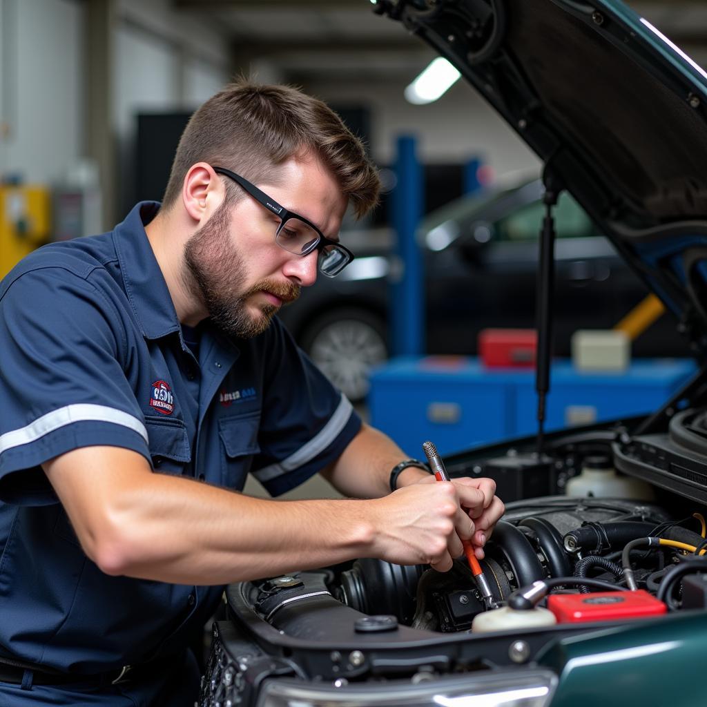 ASE Certified Mechanic Working on a Car