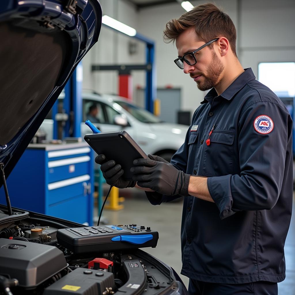 ASE Certified Technician Performing Auto Service