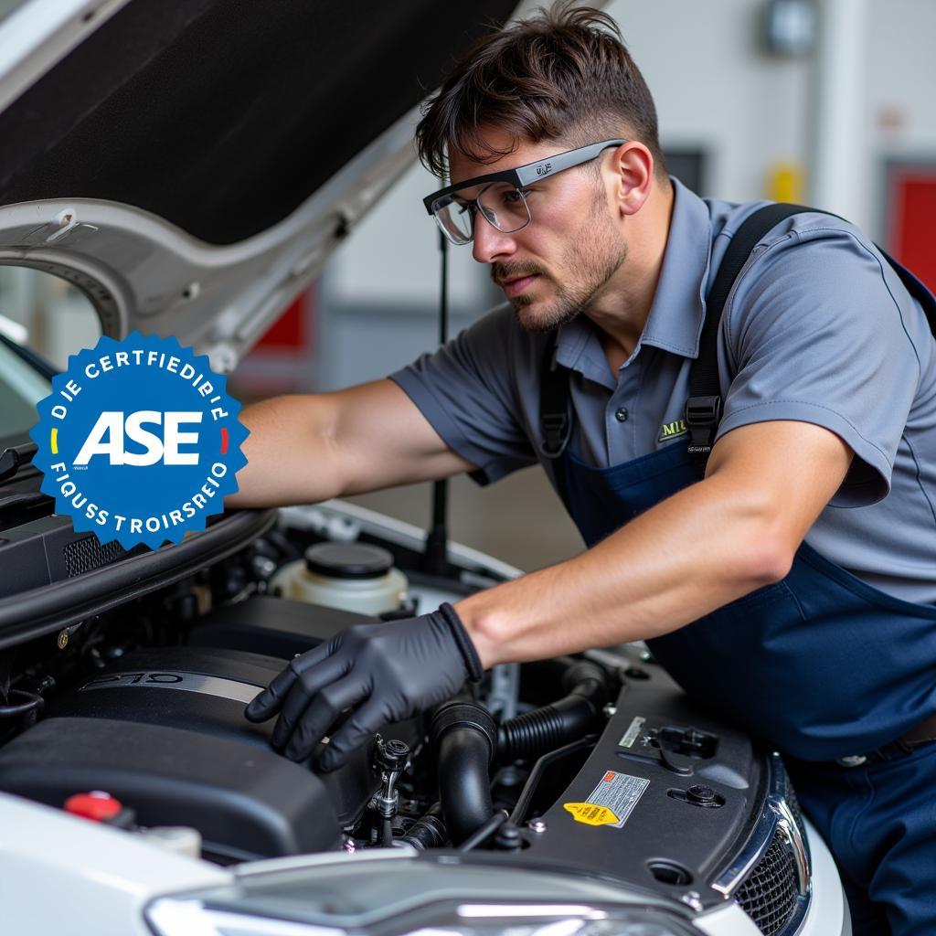 ASE Certified Technician Working on a Car