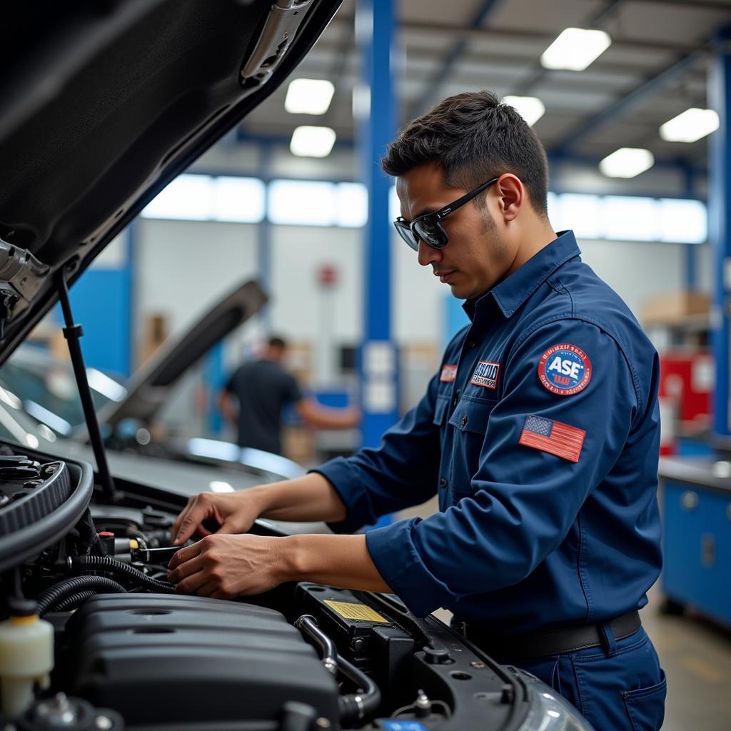 ASE Certified Technician Working on Car