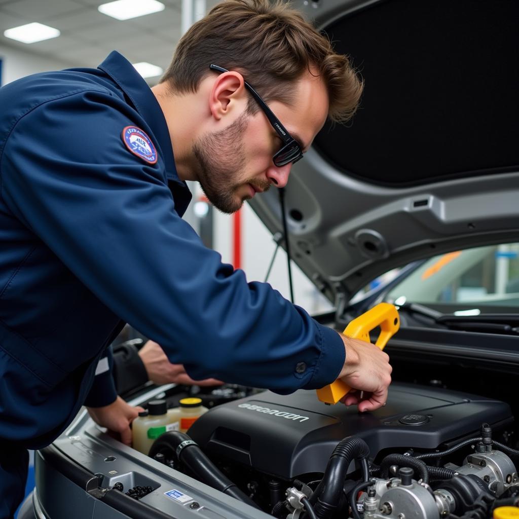 ASE Certified Technician Working on a Car