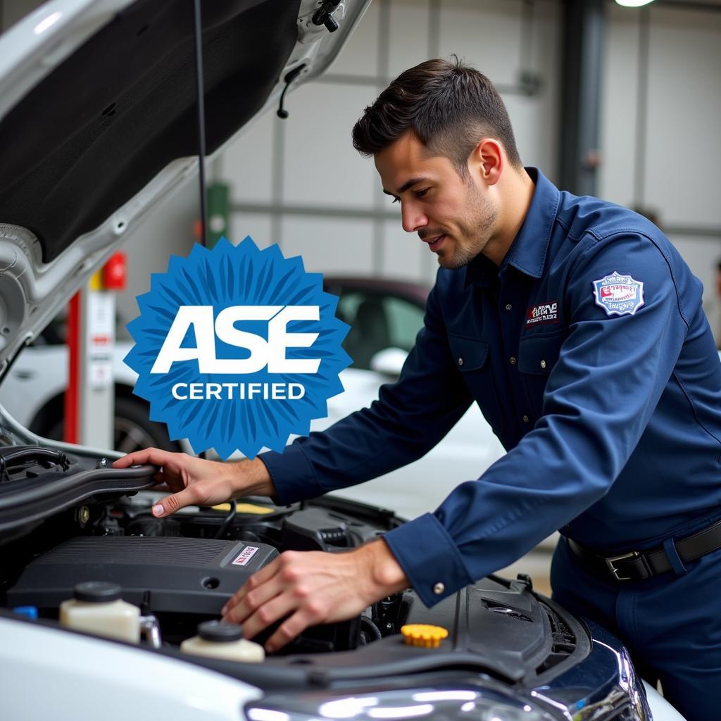 ASE Certified Technician Working on a Car