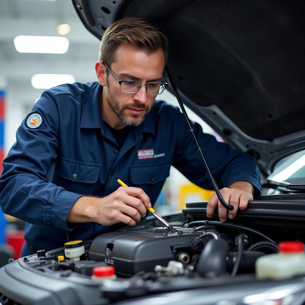 ASE Certified Technician Working on a Car